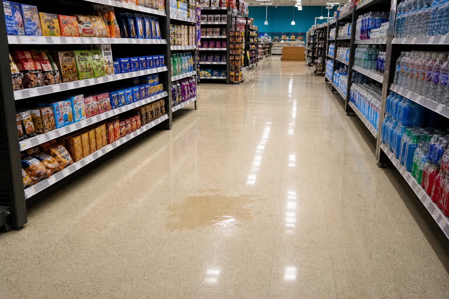 A spill on a store floor with no warning sign, illustrating breach of a duty of care