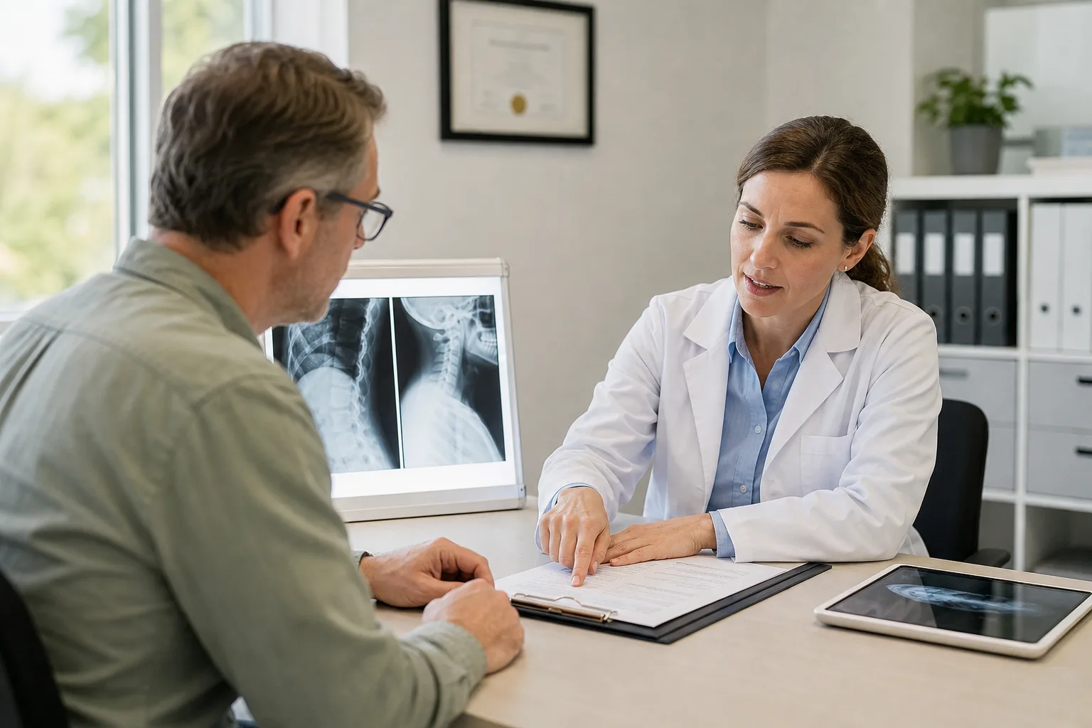 Patient reviewing medical records illustrating causation and injury documentation