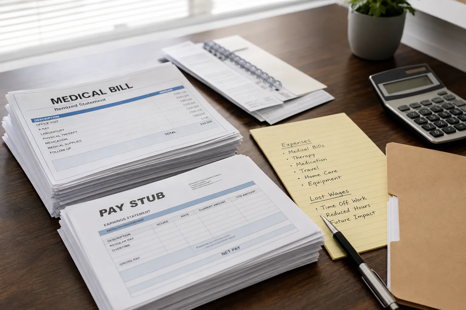 Medical bills and pay stubs organized on a desk illustrating damages in an injury claim