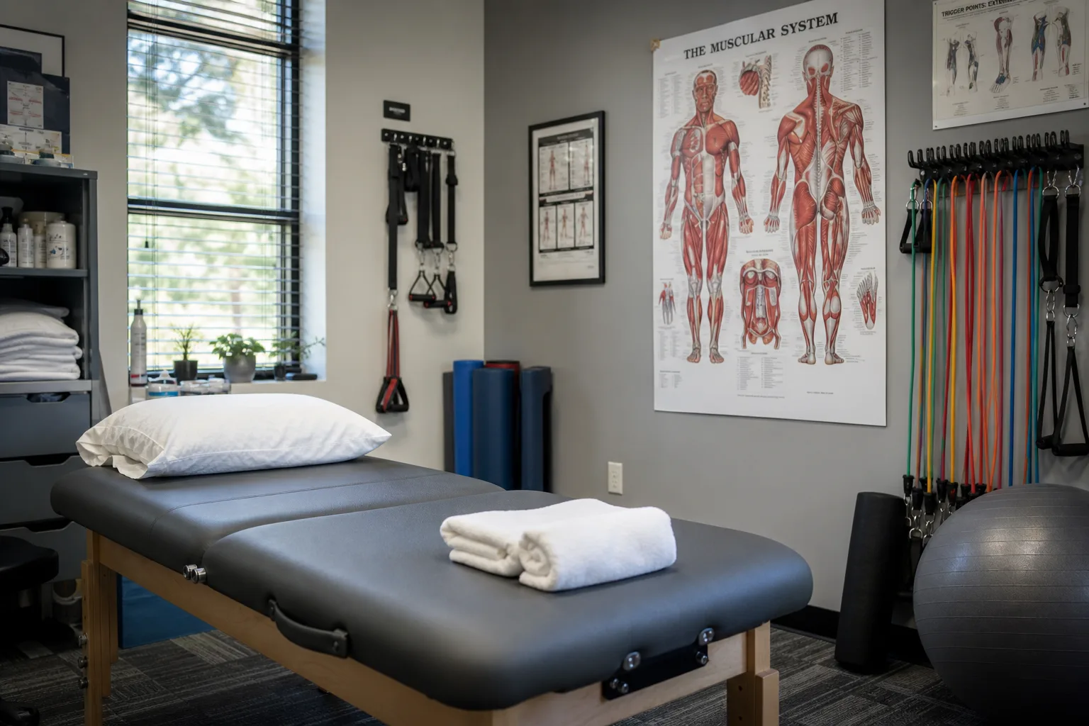 A clinical treatment room used for soft-tissue injury rehabilitation