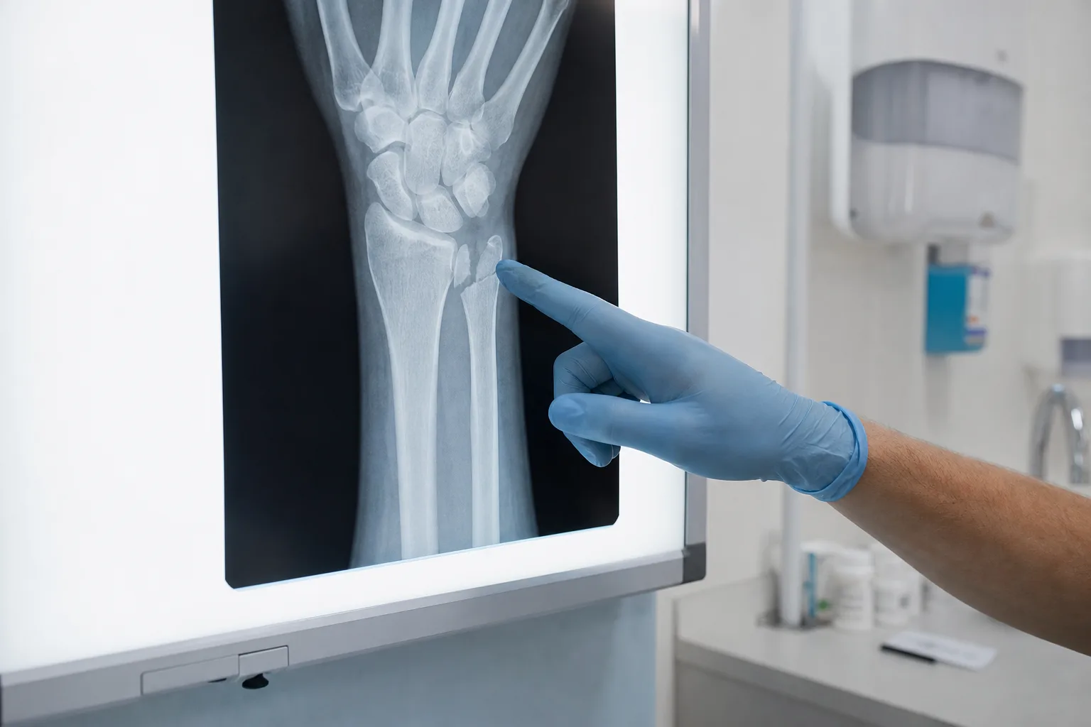 An X-ray showing a bone fracture displayed on a medical light box