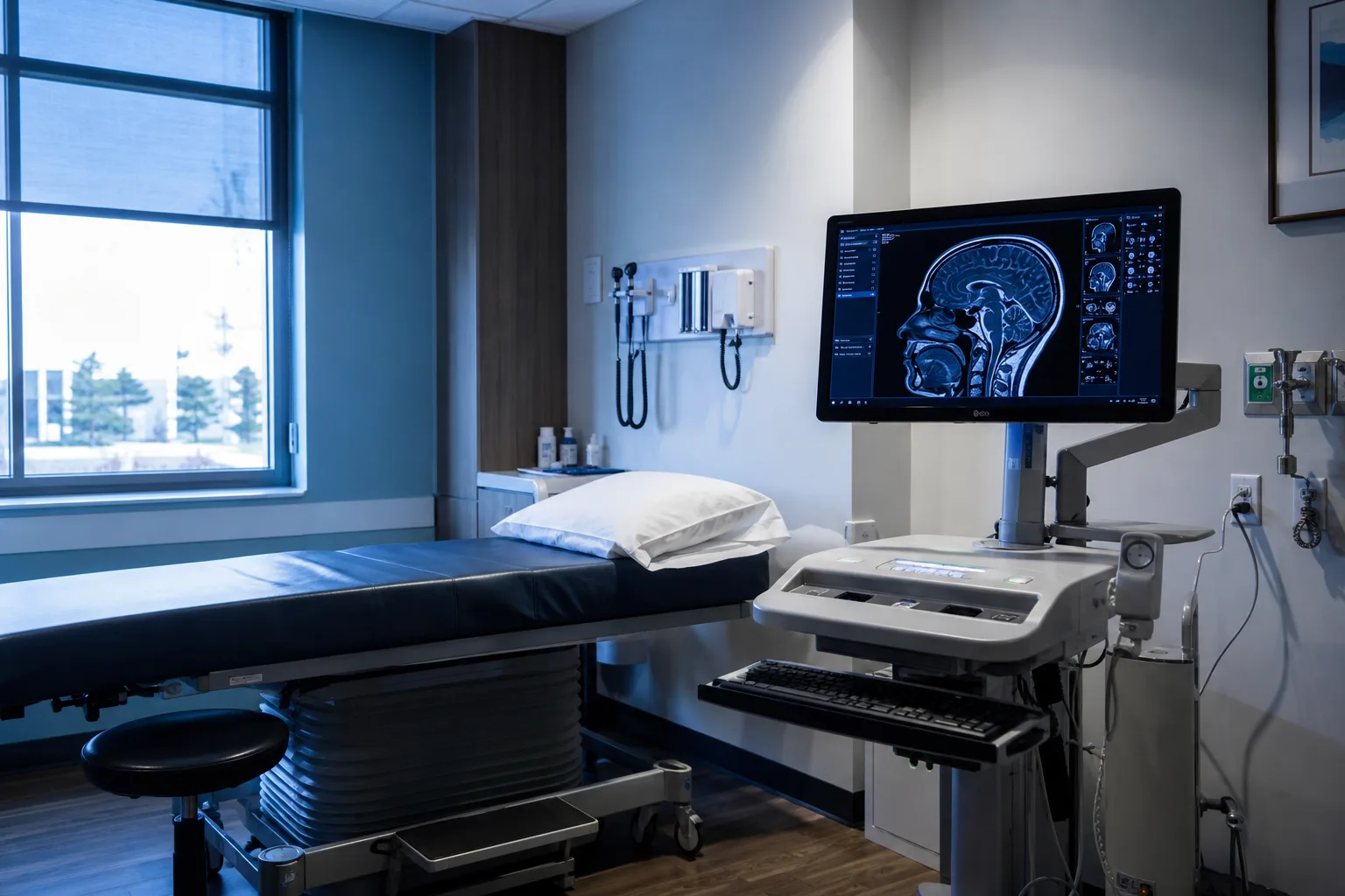 A brain MRI scan displayed on a monitor in a neurology exam room