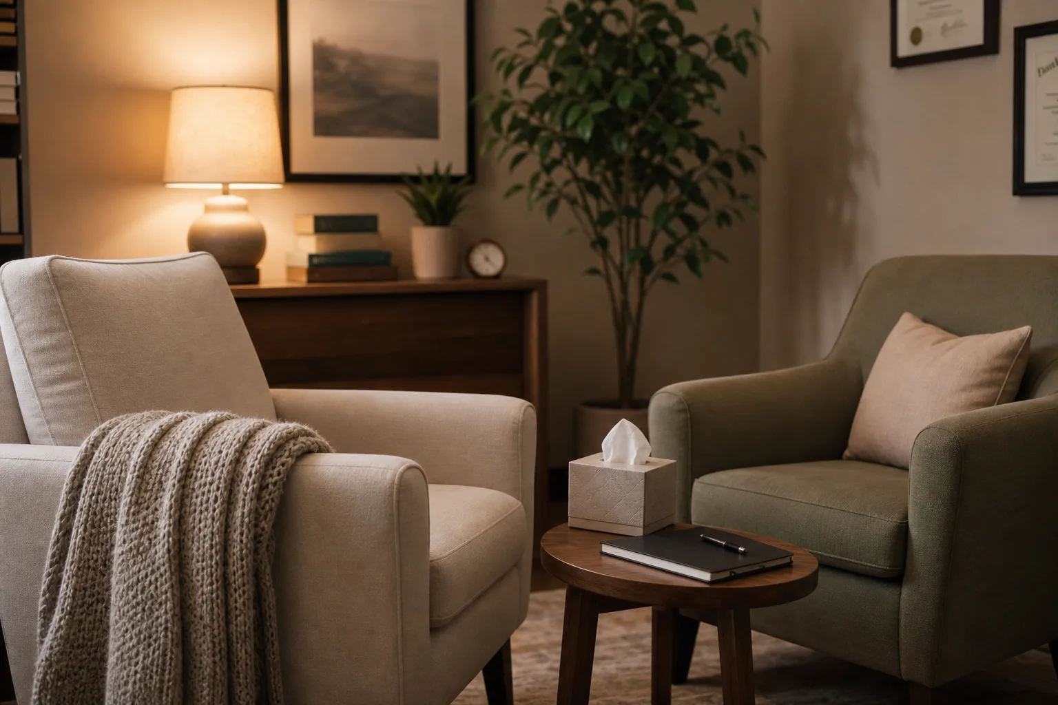 A calm counseling office representing treatment for emotional trauma after an accident