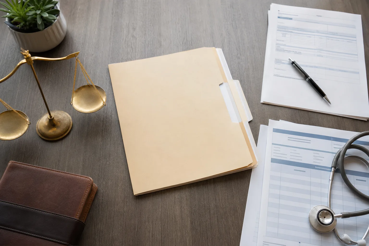Organized personal injury case documents including a case file, medical bills, and a crash report on a desk