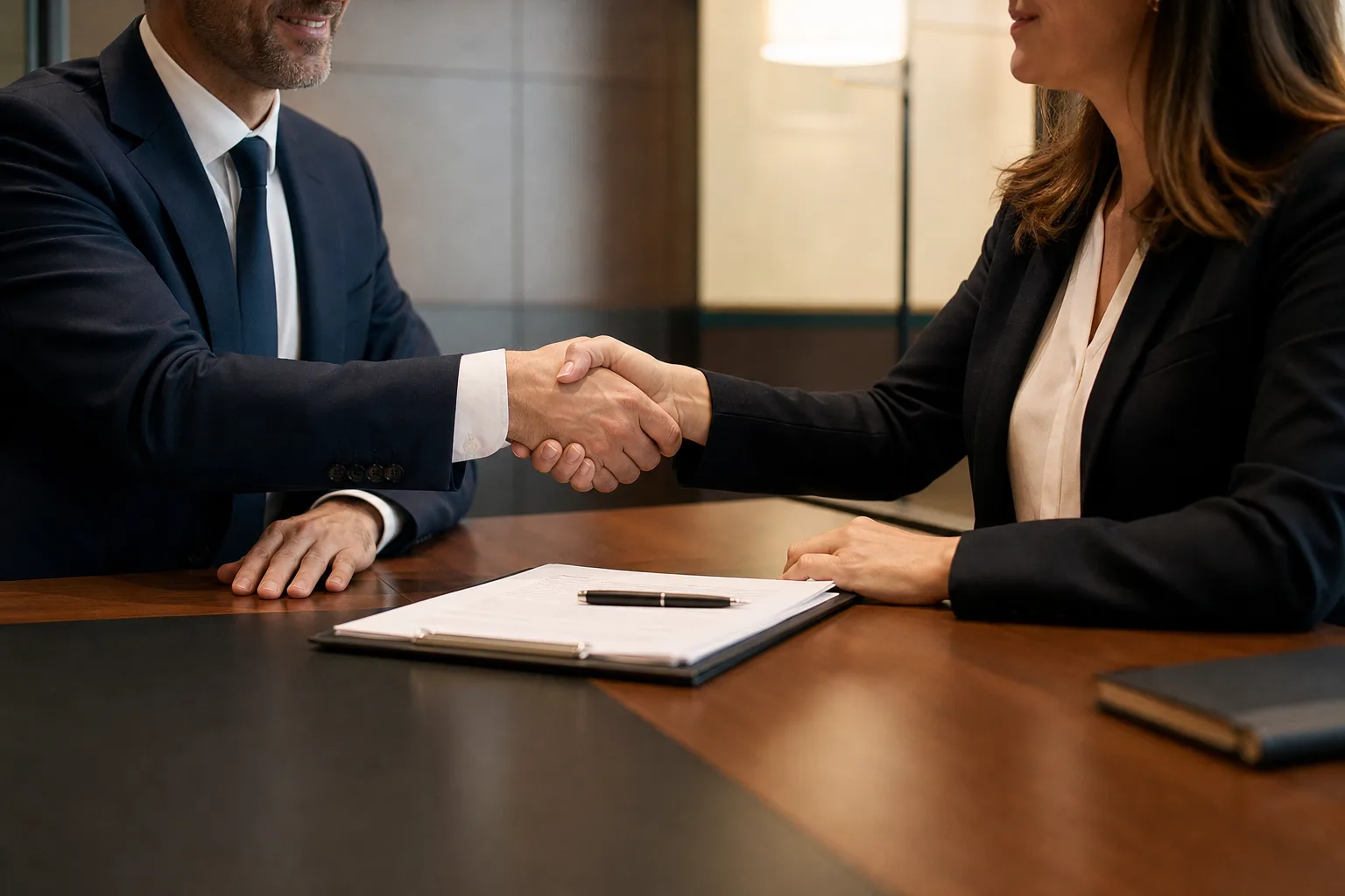 Two parties shaking hands over paperwork at a table, representing an injury claim settlement