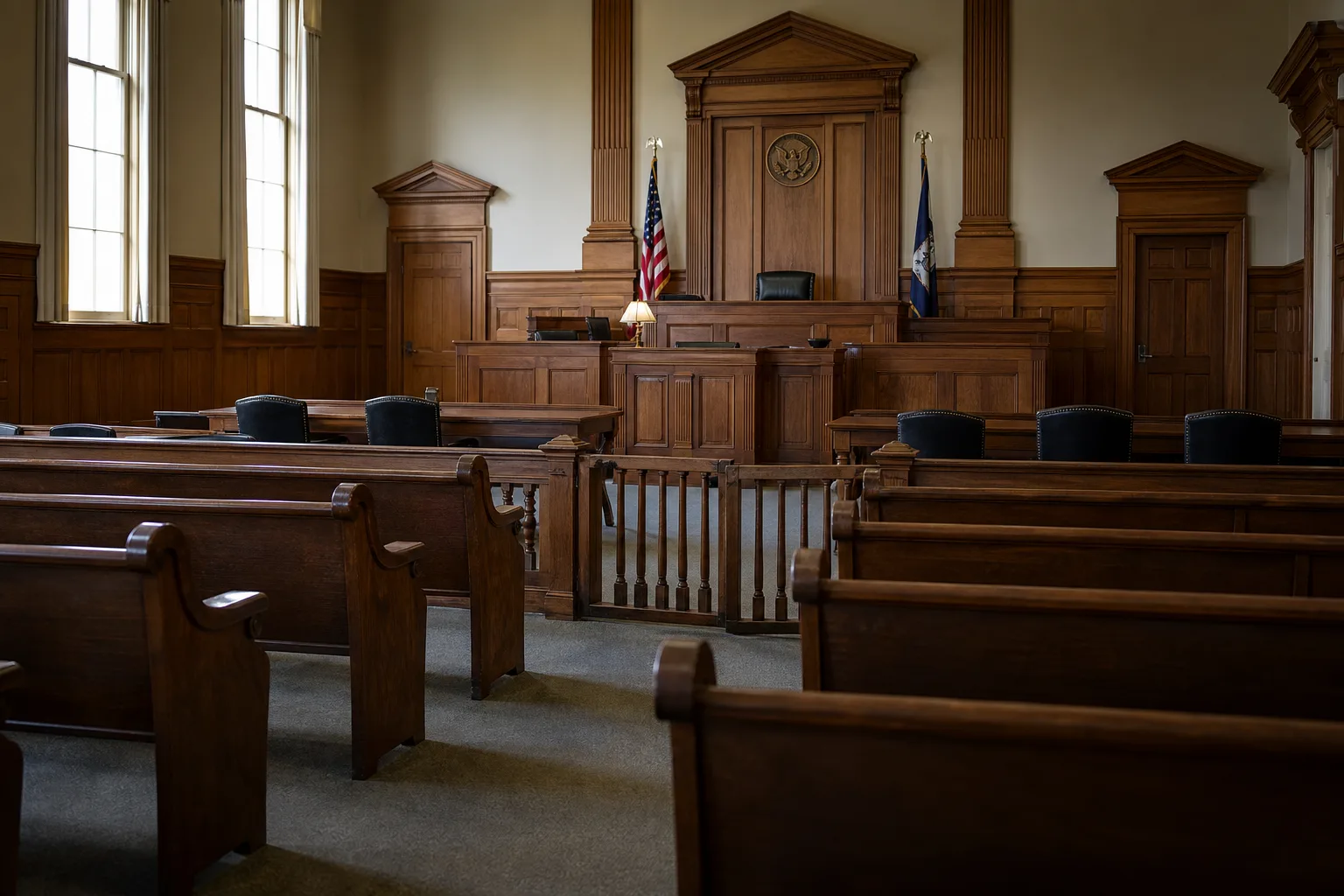 A quiet, empty courtroom interior representing personal injury trials