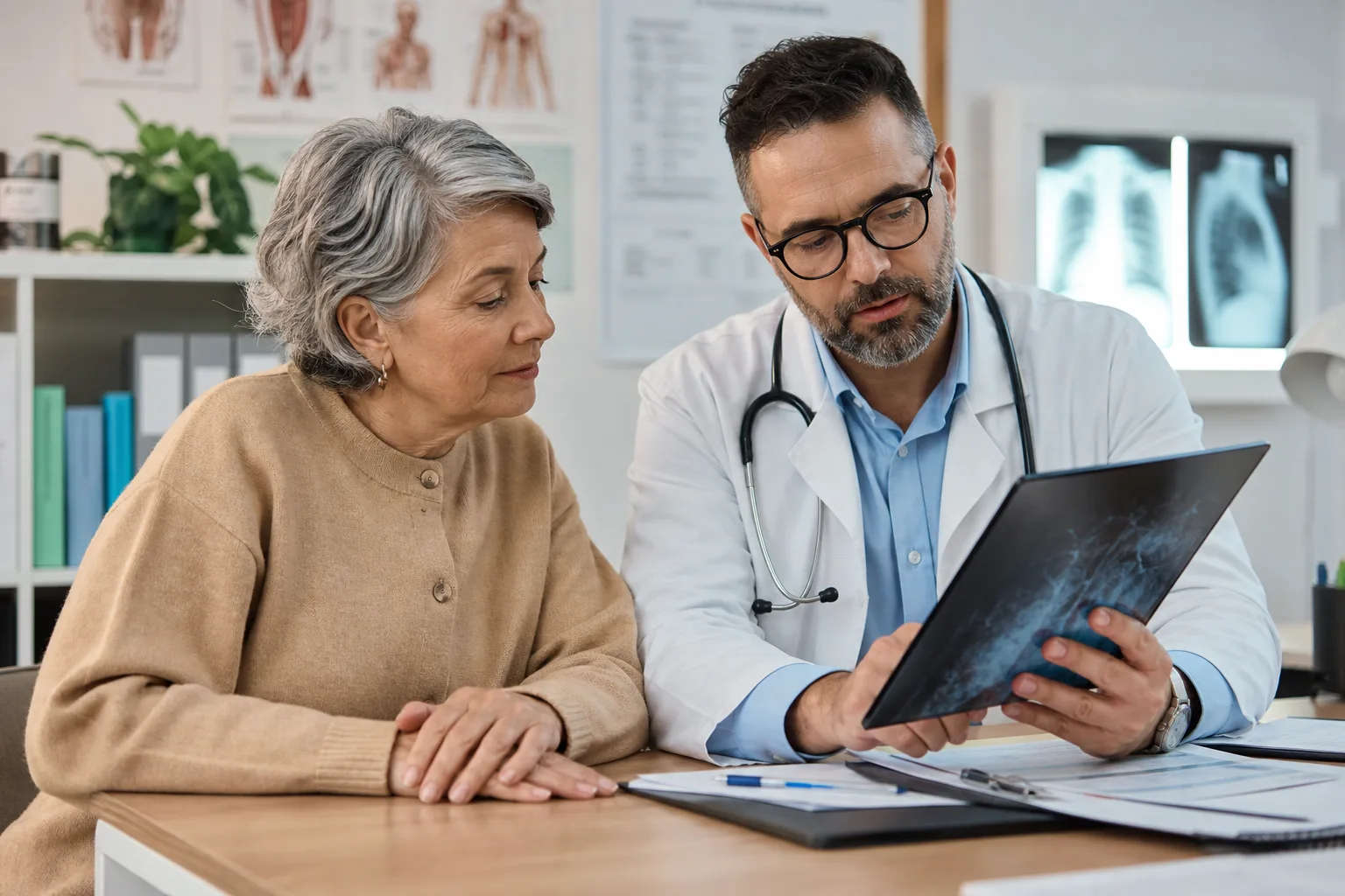 A patient and doctor reviewing medical records and imaging at an Indiana clinic