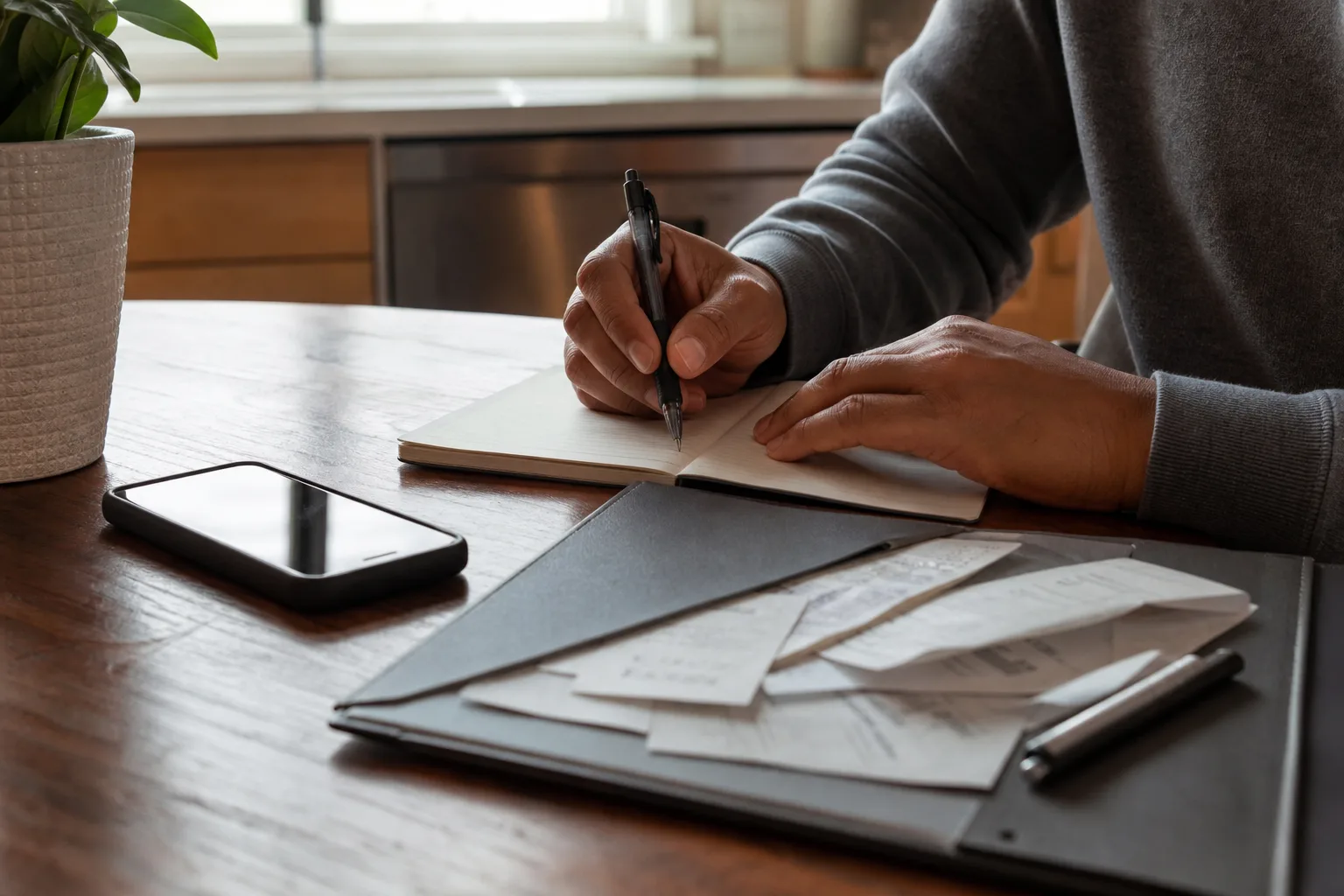 A person documenting injury expenses and notes at a kitchen table with receipts and a notebook