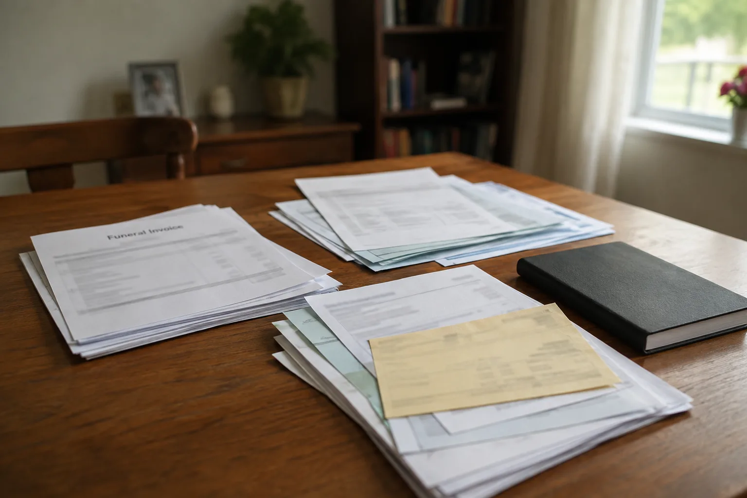 Medical and funeral expense records organized on a table