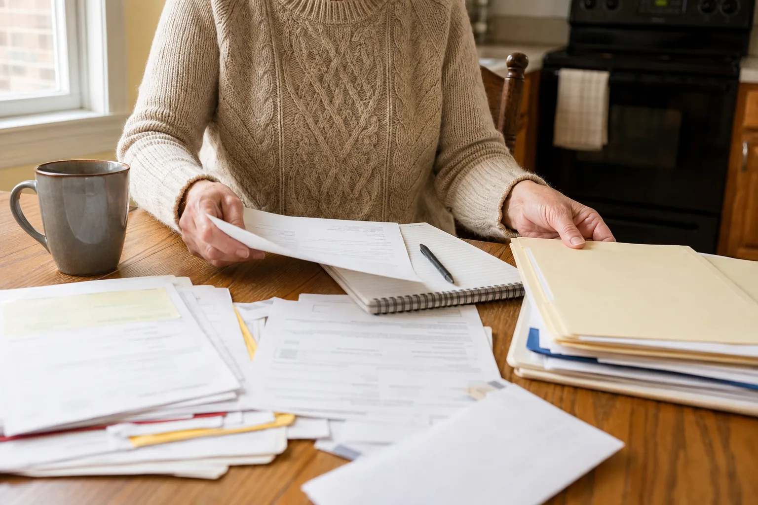 A person organizing estate records at a kitchen table
