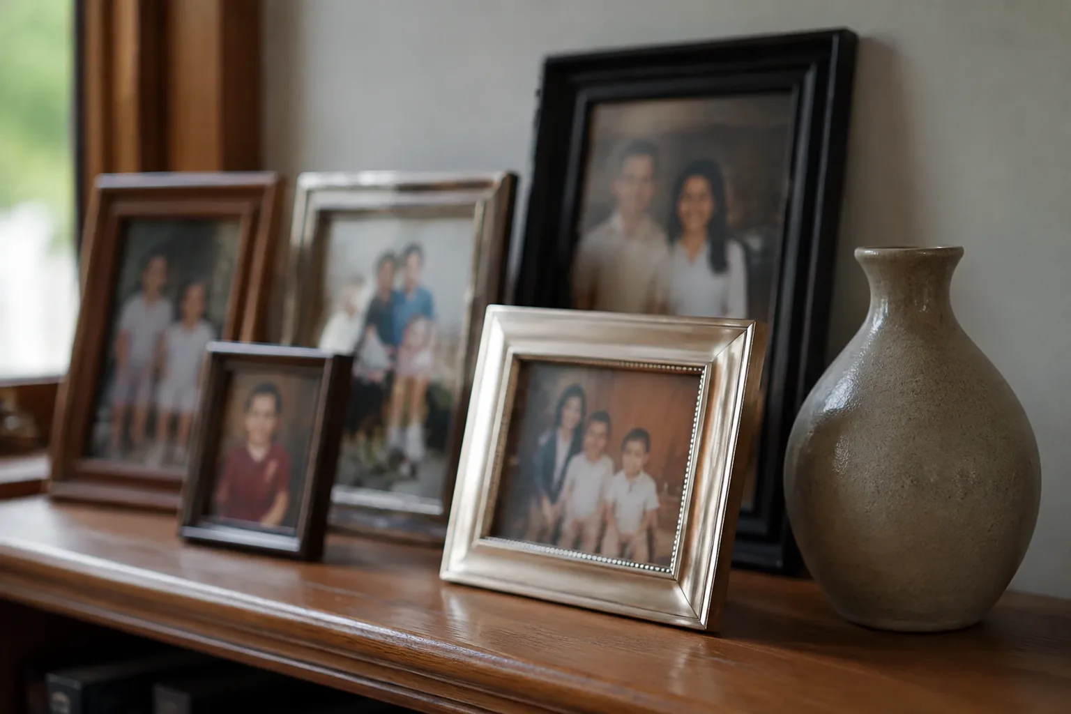 Family photographs displayed in a quiet Indiana home