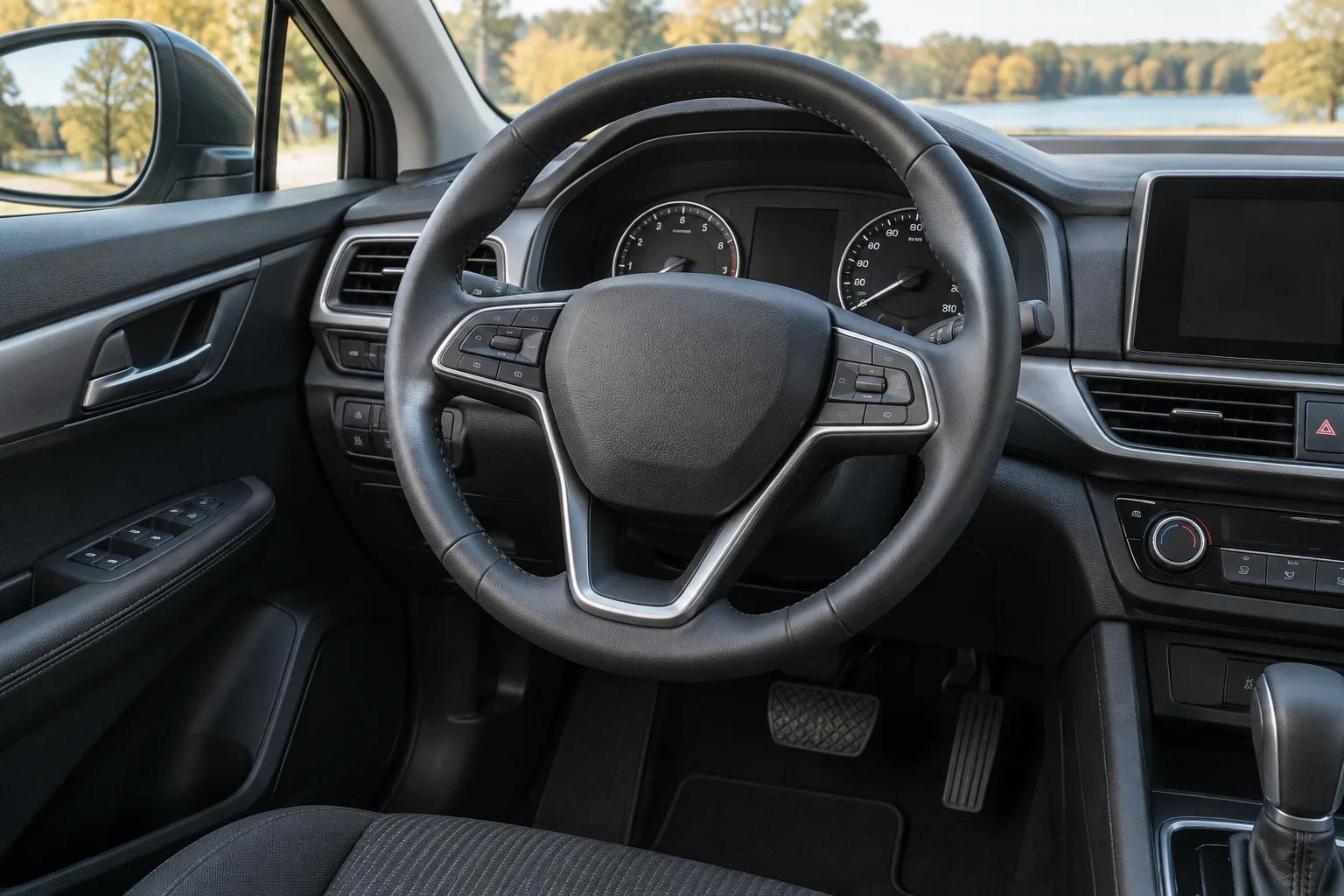 Steering wheel, instrument panel, brake pedal, and accelerator inside a passenger car