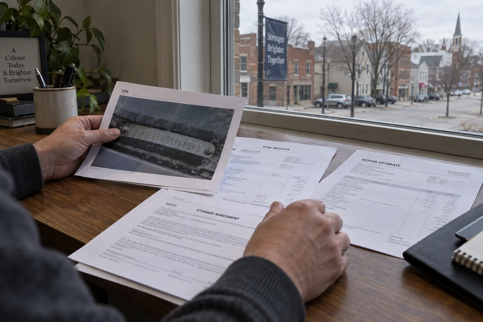 Vehicle records and photographs organized on a desk