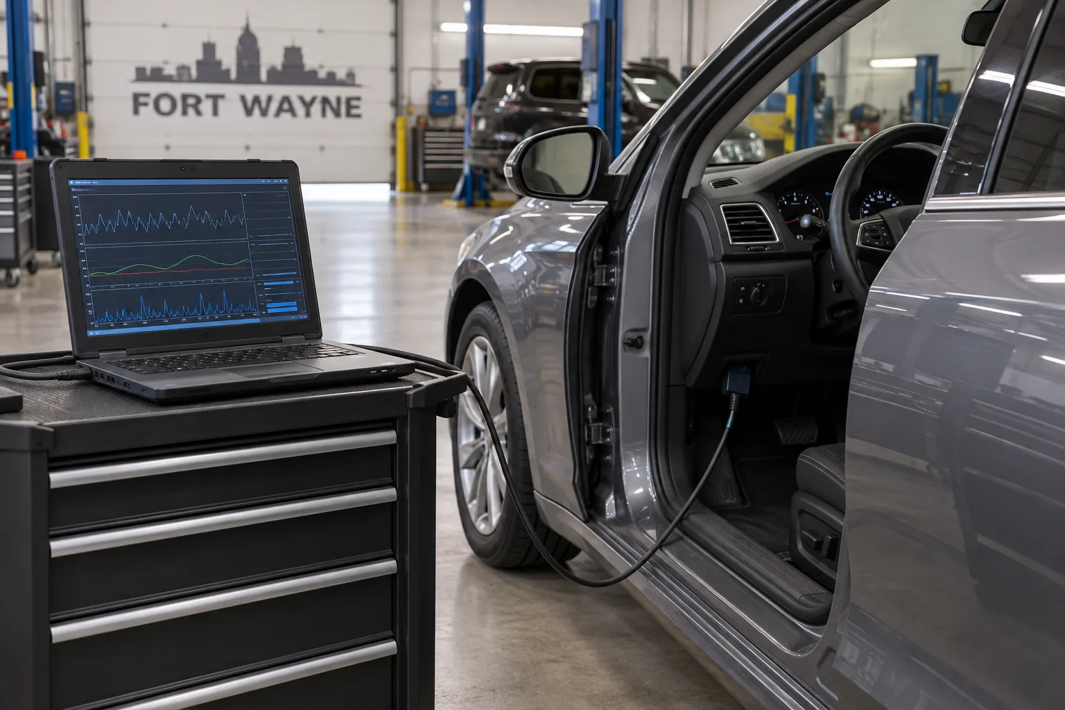 Diagnostic laptop connected to a passenger vehicle for an EDR examination