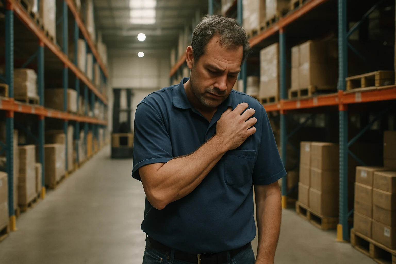 Fort Wayne warehouse worker holding his shoulder in pain on a forklift aisle between tall industrial racks