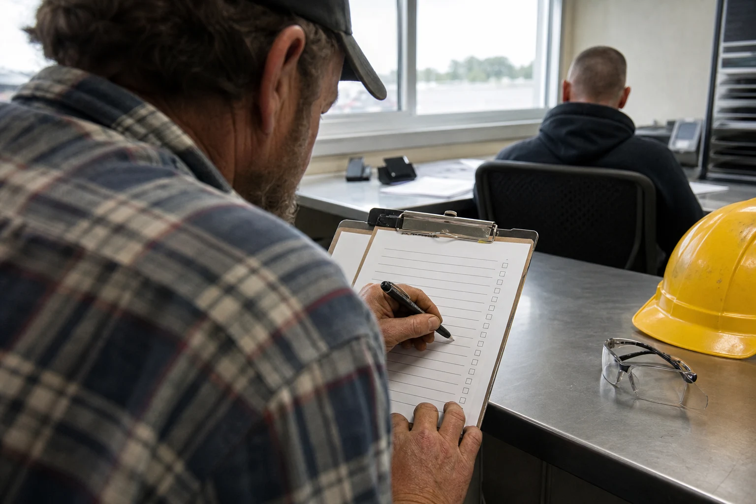 Fort Wayne warehouse worker filling out an incident report at a supervisor's desk after a workplace shoulder injury