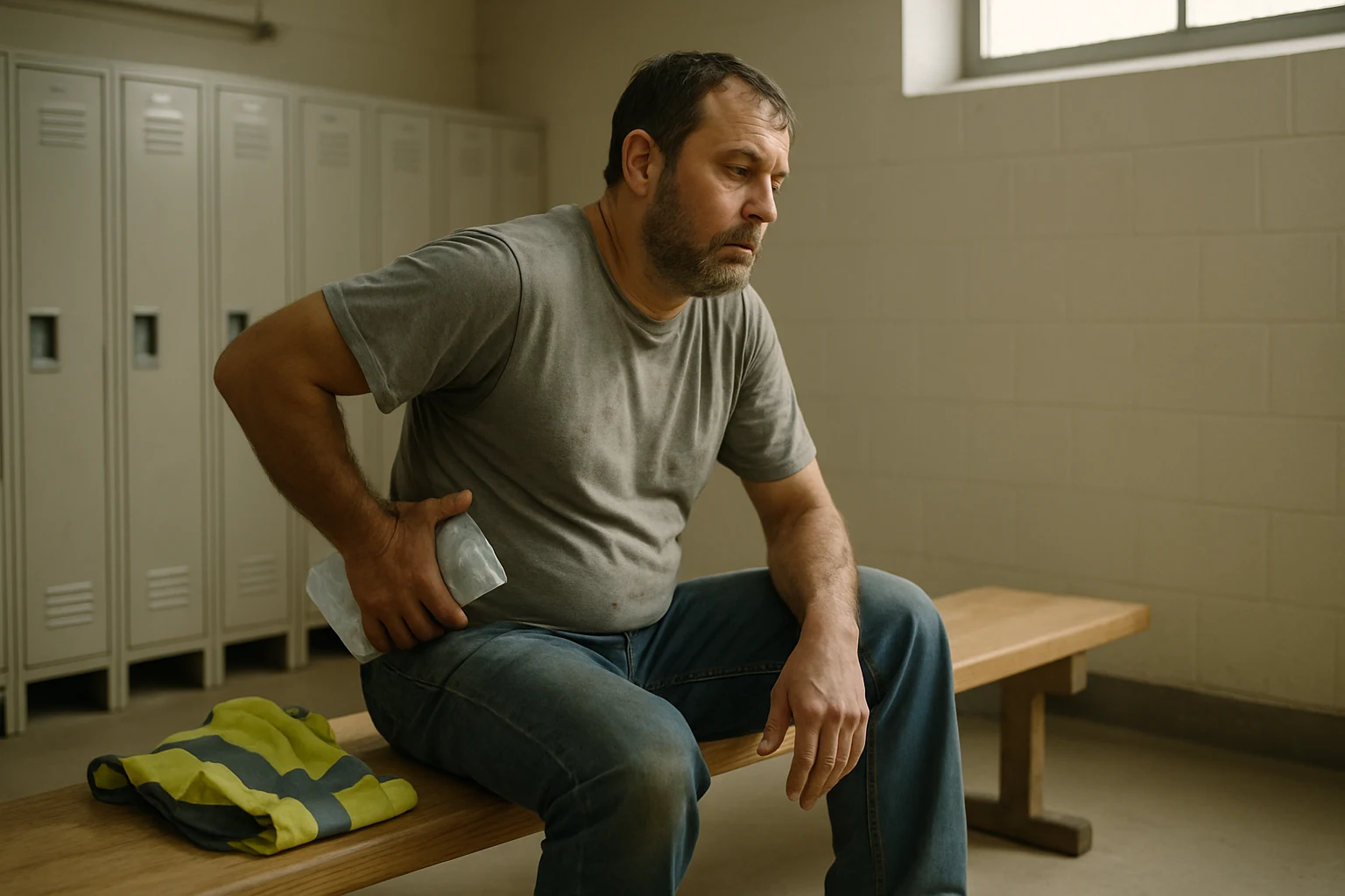 A Fort Wayne factory worker icing his back at a workplace locker room bench after a long shift with a back injury