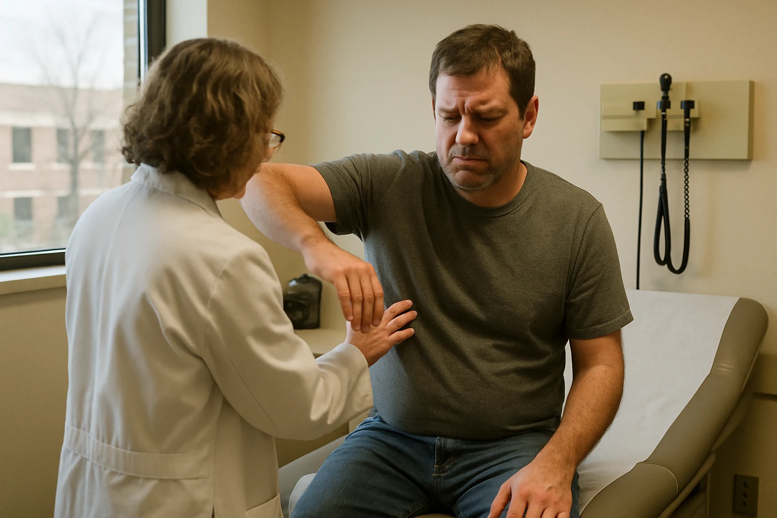 Fort Wayne worker being examined by a doctor at a primary care office with shoulder pain after an ignored workplace injury