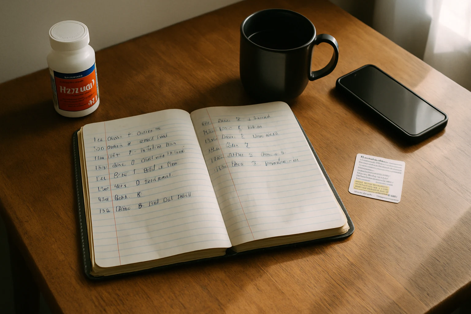 A handwritten symptom journal on a kitchen table tracking daily pain from a Fort Wayne factory work injury