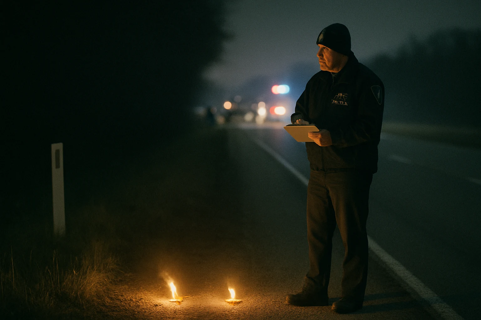 A late-night Indiana highway scene with emergency lights from a fatal car crash on US-30