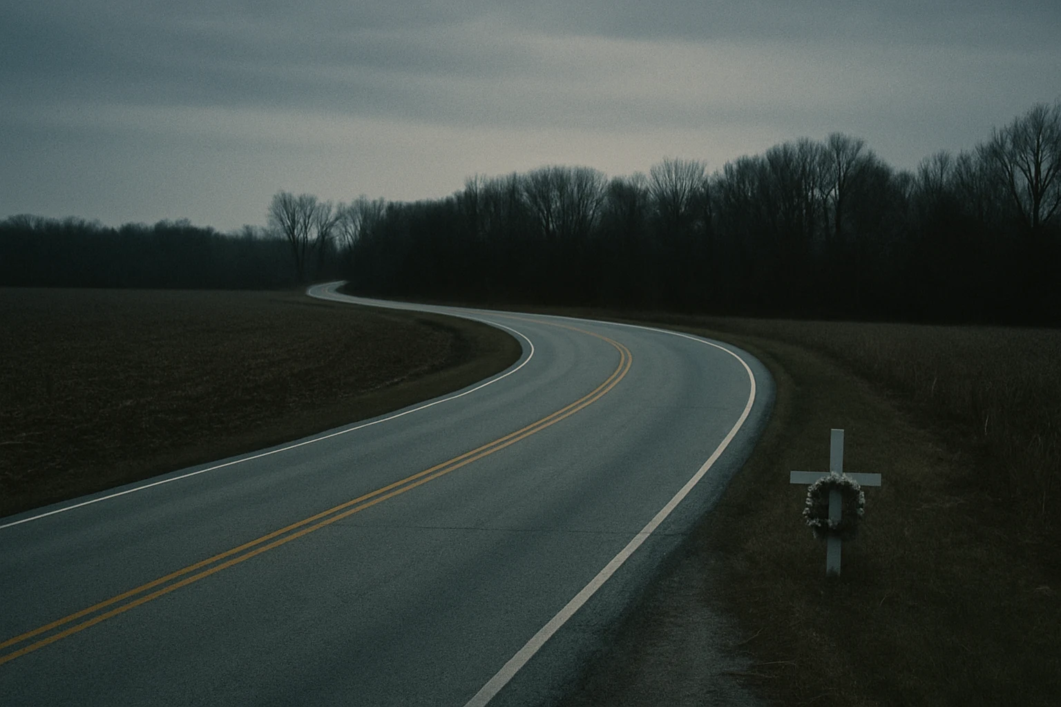 A rural Indiana road at dusk where a fatal car crash occurred