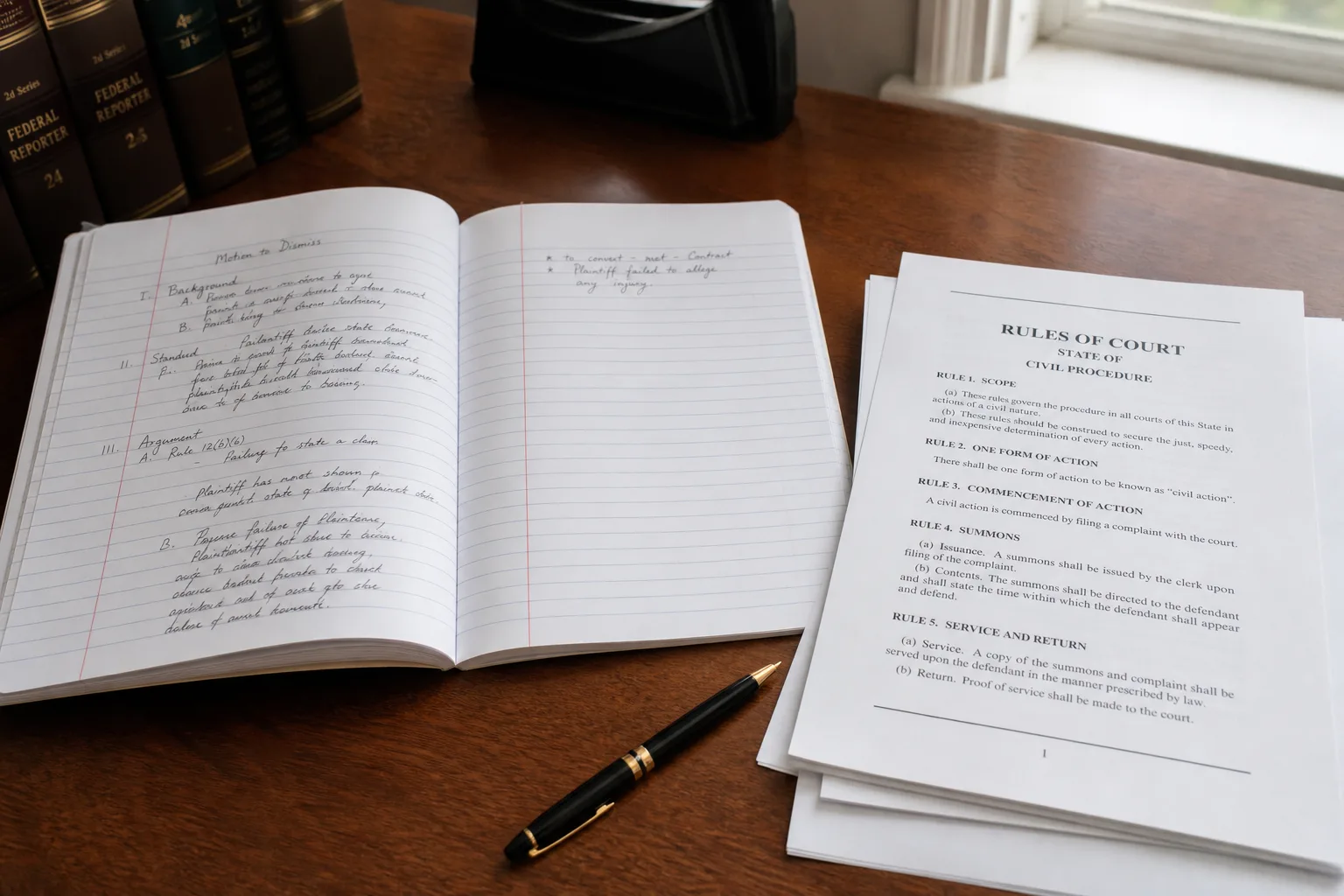 An open legal notebook and printed court rules on a desk representing the discovery phase of a lawsuit