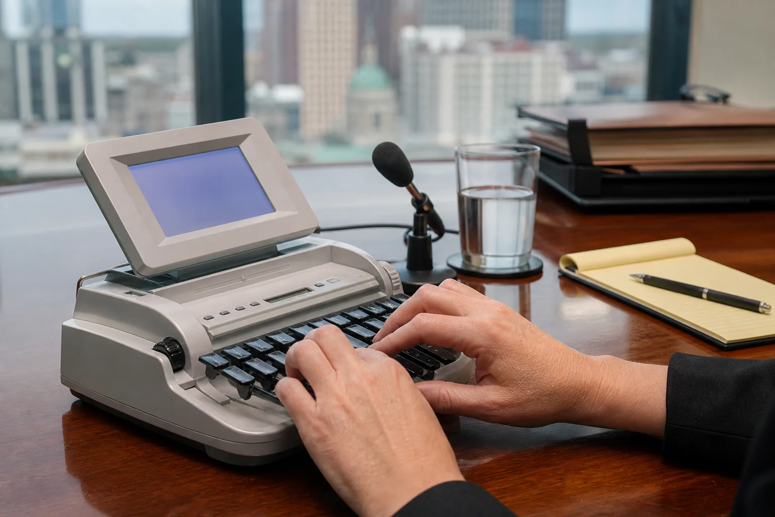 A court reporter's stenotype machine on a conference table during a deposition