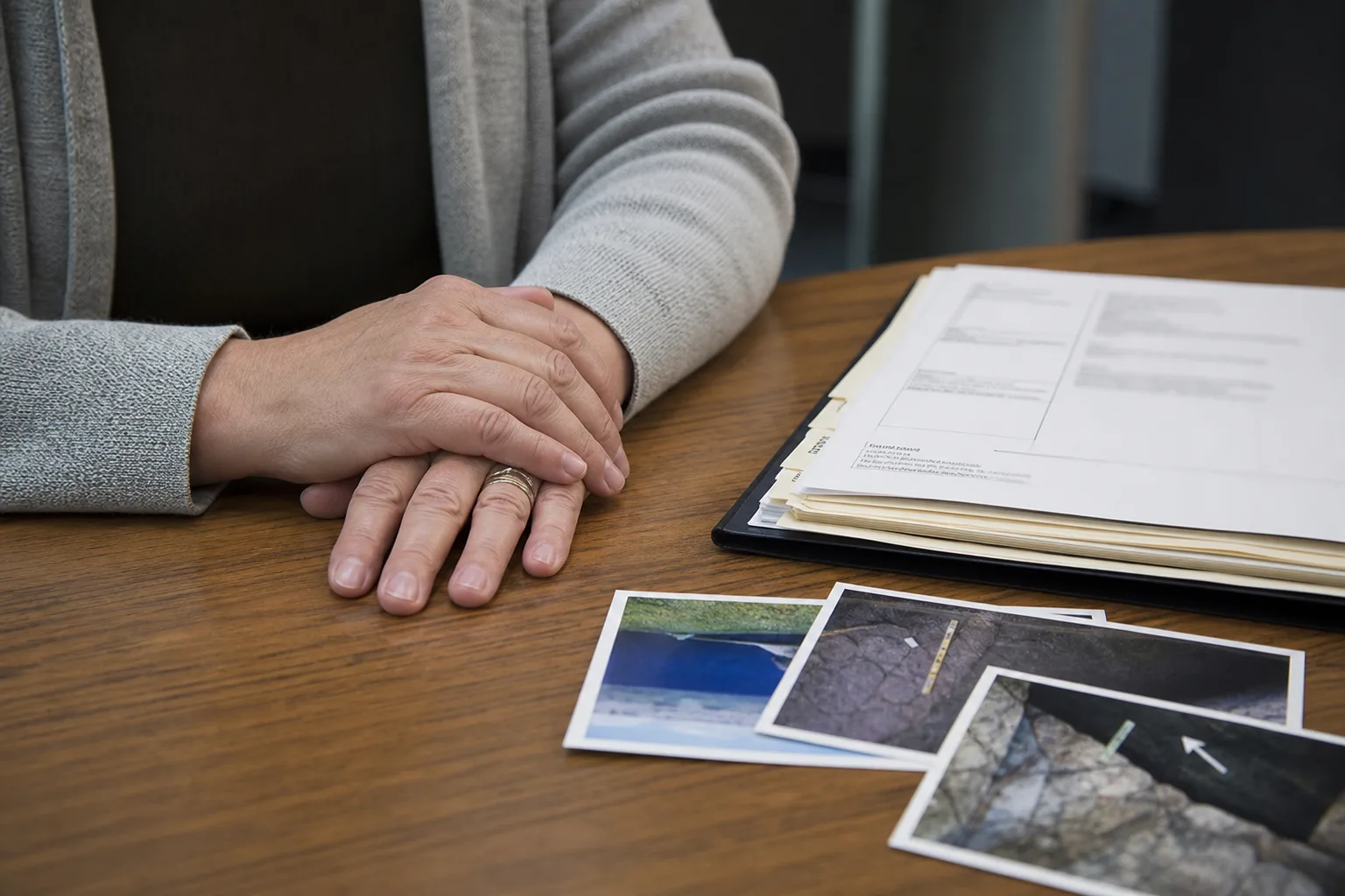 Organized folder of medical records and documents on a table during deposition preparation