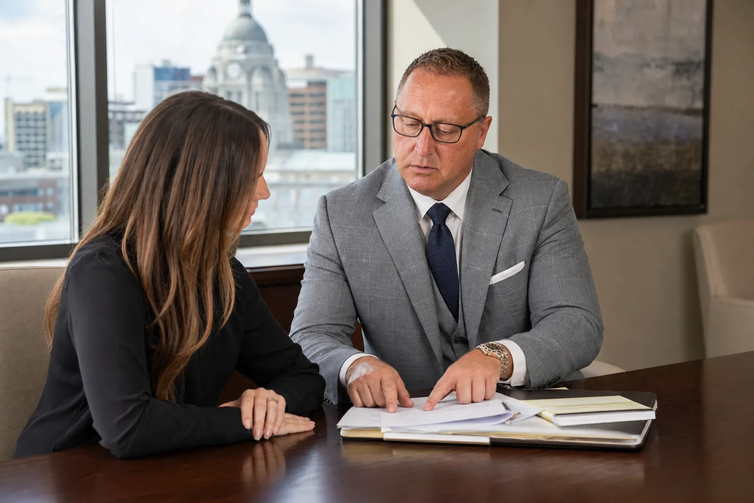 An attorney and client reviewing documents together while preparing for a deposition