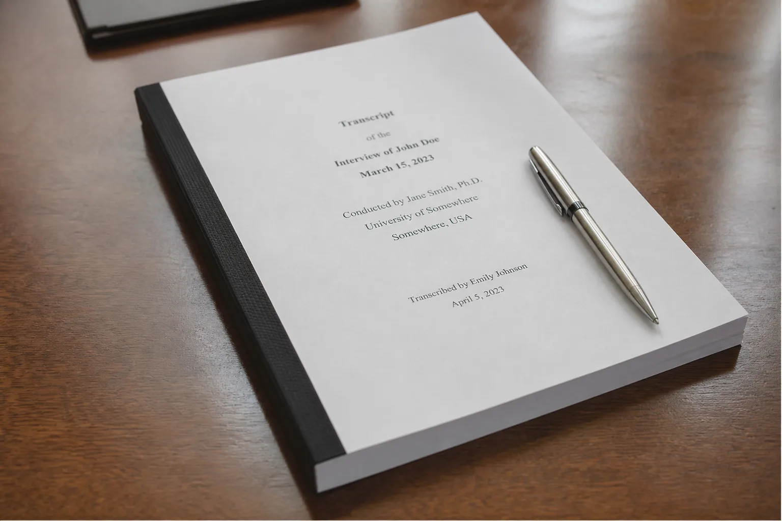 A bound deposition transcript with a pen resting on top on a desk