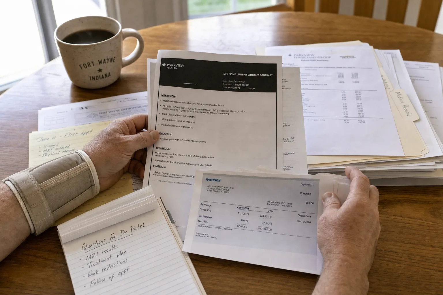 An injured worker organizing medical records and pay stubs on a kitchen table to prepare for a hearing