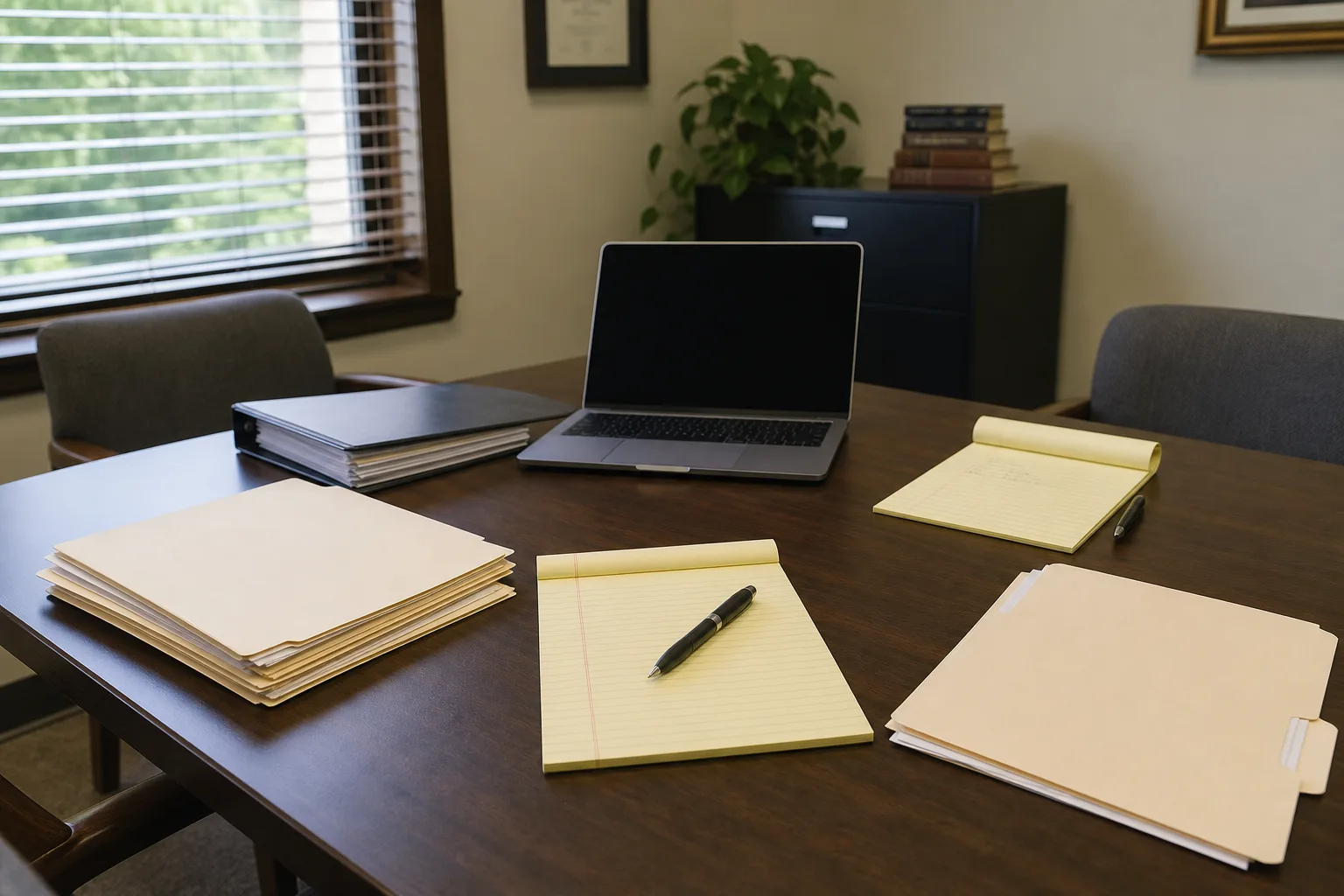 A conference table set with folders and a laptop for a workers' compensation pre-trial conference