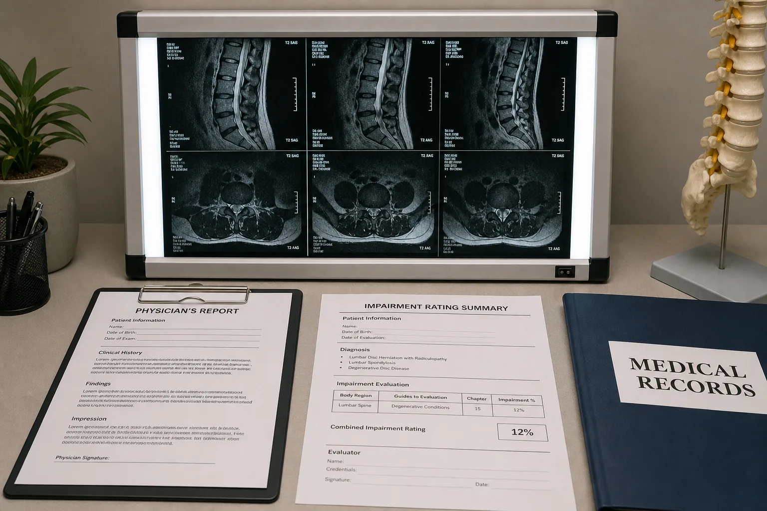 Medical evidence including an MRI film and a physician's report arranged on a desk