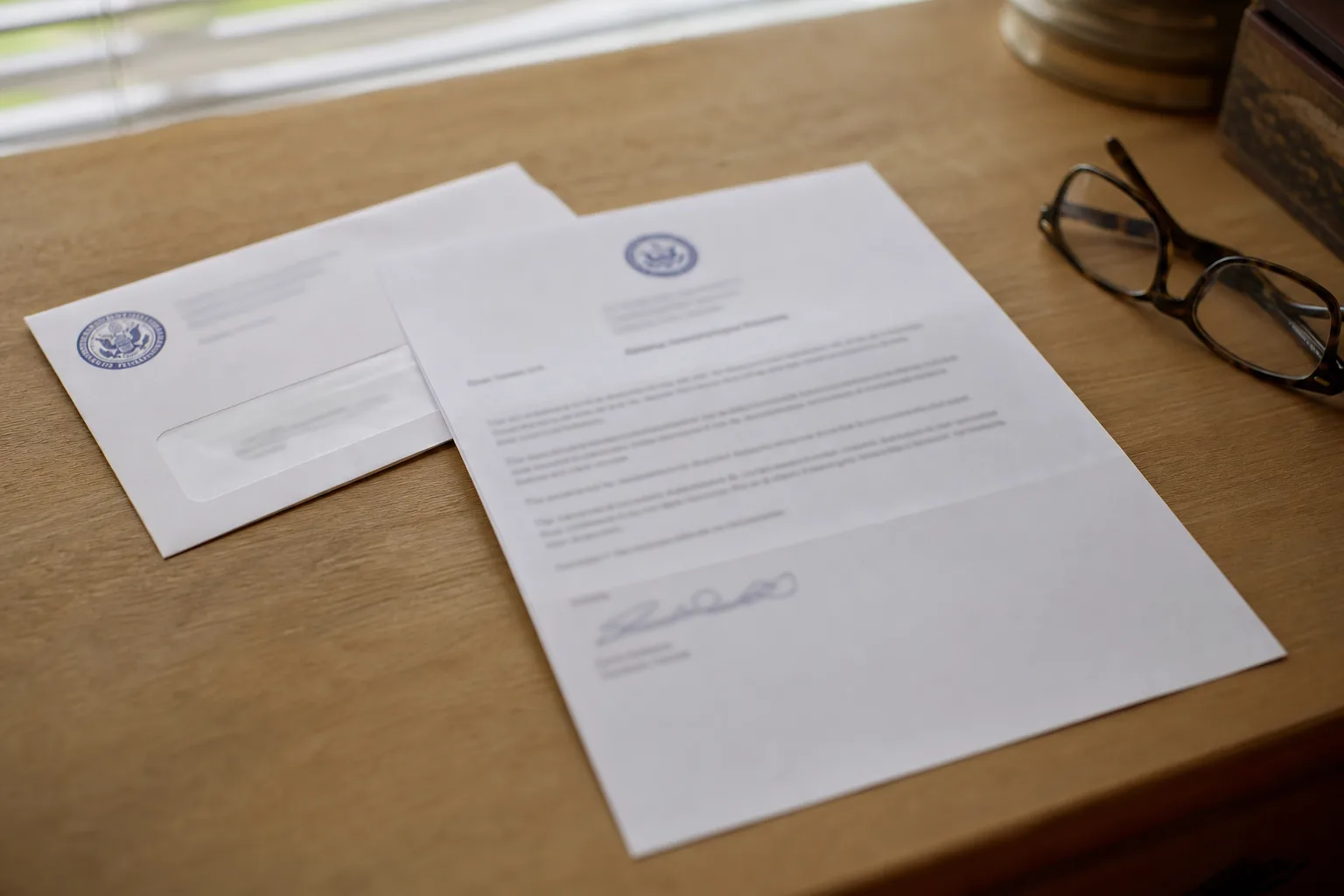 A formal written award decision letter and envelope resting on a table