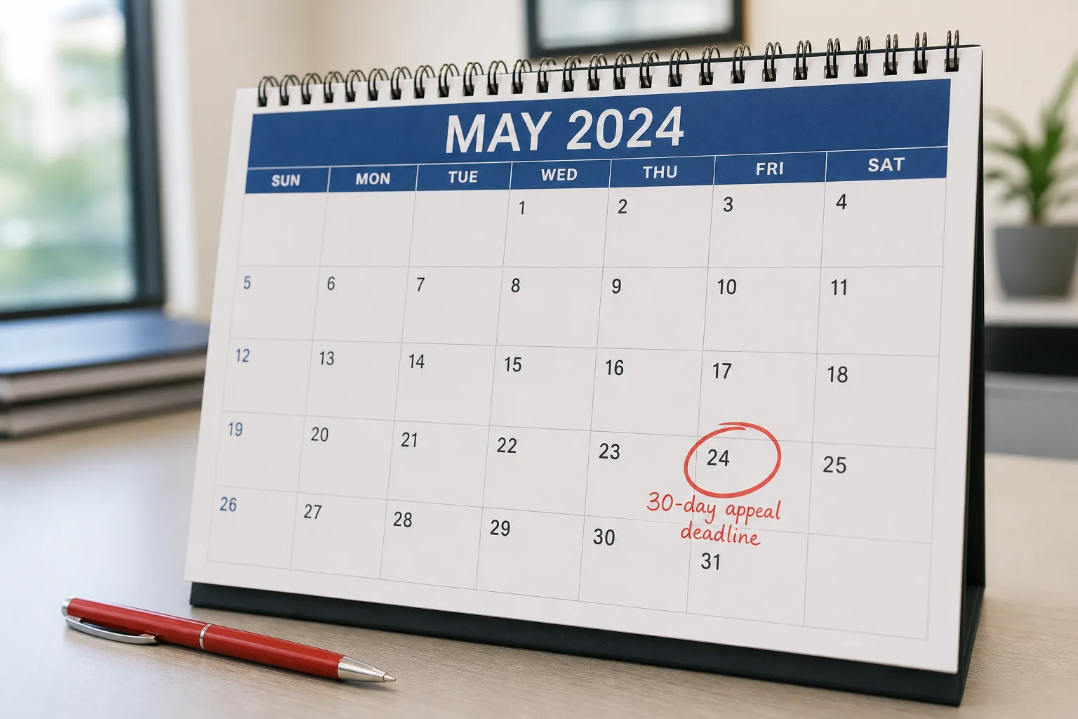 A desk calendar with a deadline circled in red to represent the 30-day appeal window