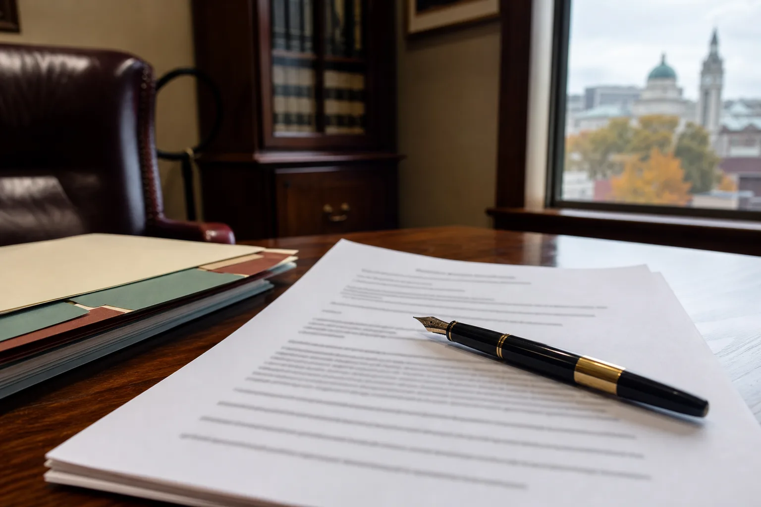 A printed set of written interrogatory questions with a pen on a desk
