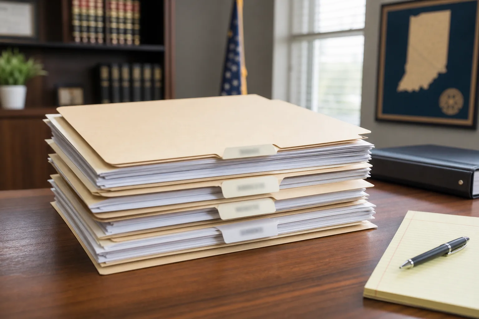 Labeled manila folders for medical records and bills stacked on a desk