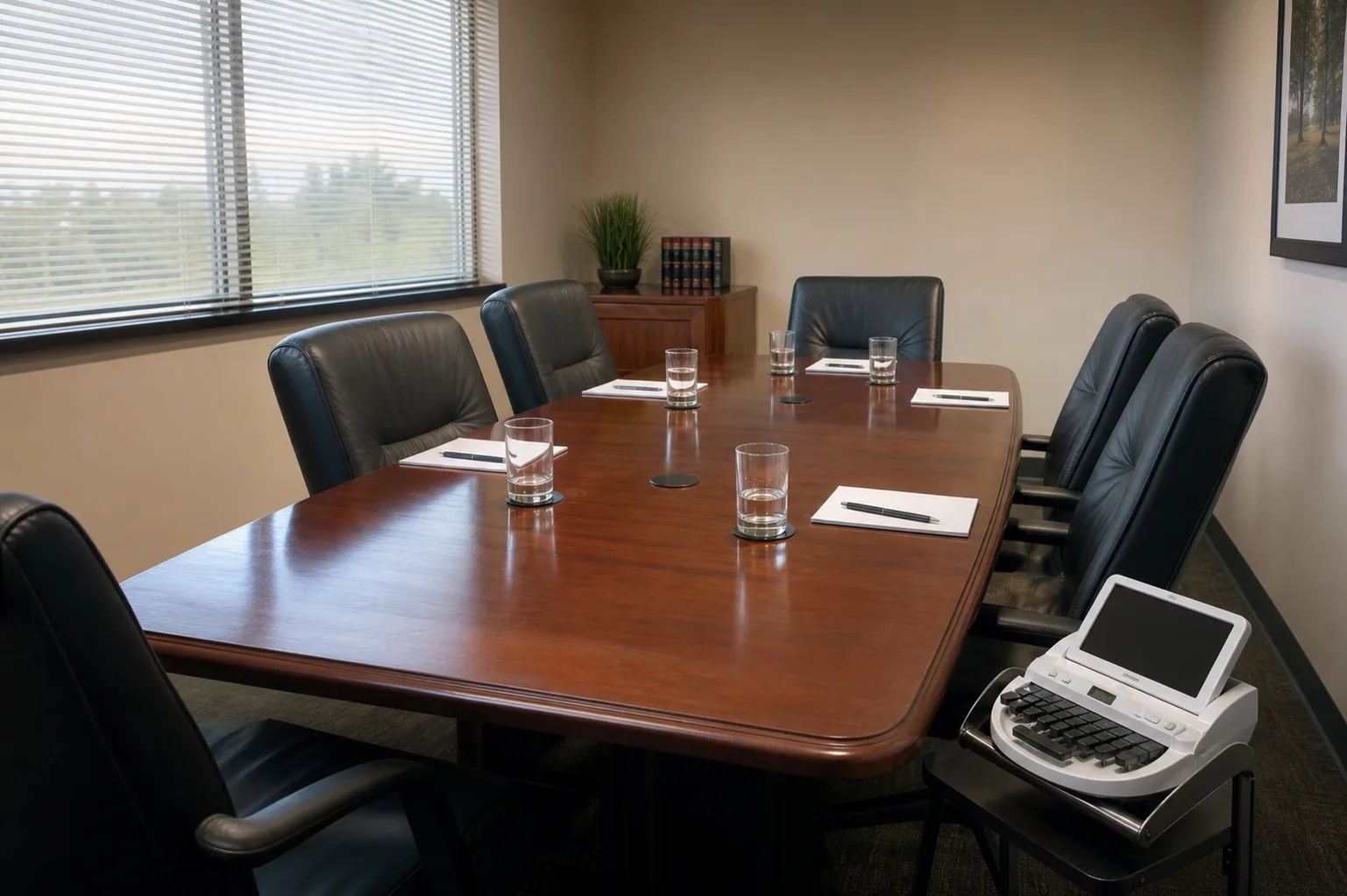 An empty conference room set up for a deposition with a court reporter's stenograph machine