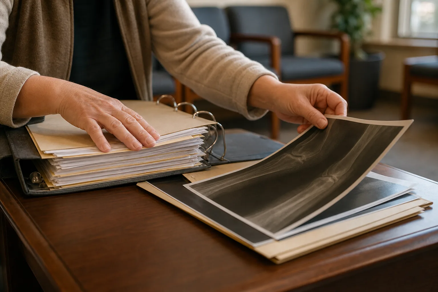 Hands organizing a medical records binder and X-ray films on a table