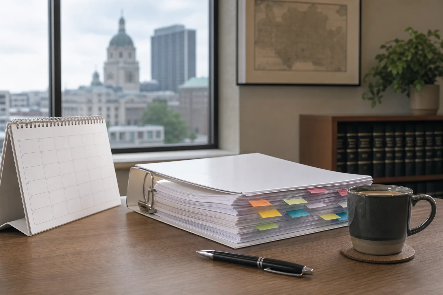 A desk calendar and tabbed claim binder marking case deadlines in a Fort Wayne office