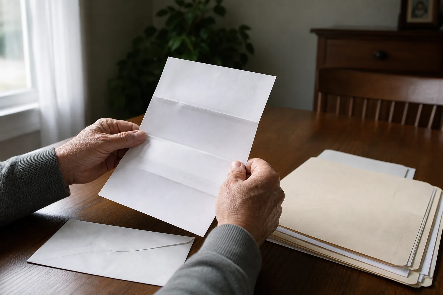 Person opening an insurer liquidation notice beside an organized claim folder