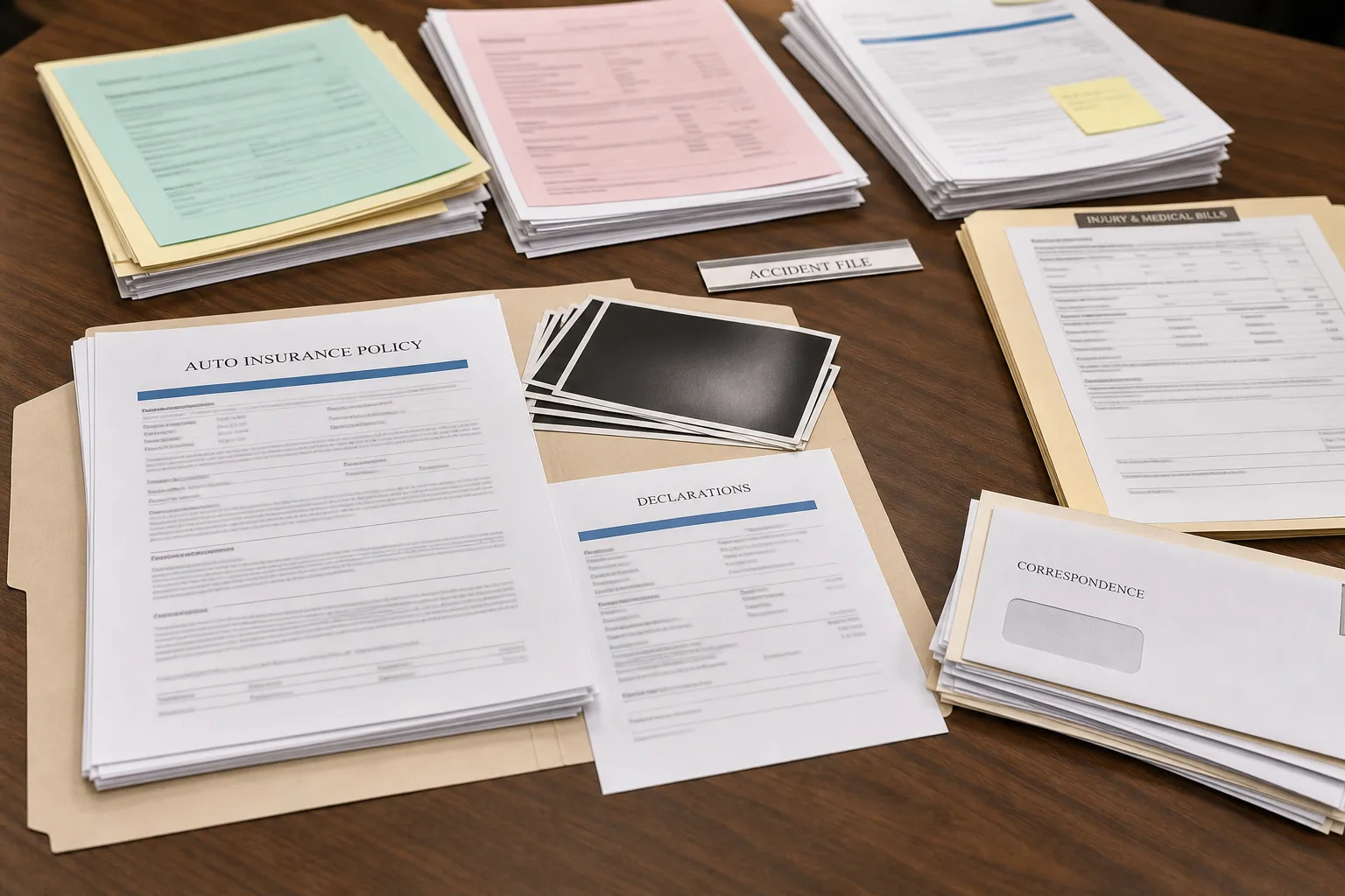 Auto policy, claim correspondence, and crash records arranged in labeled folders