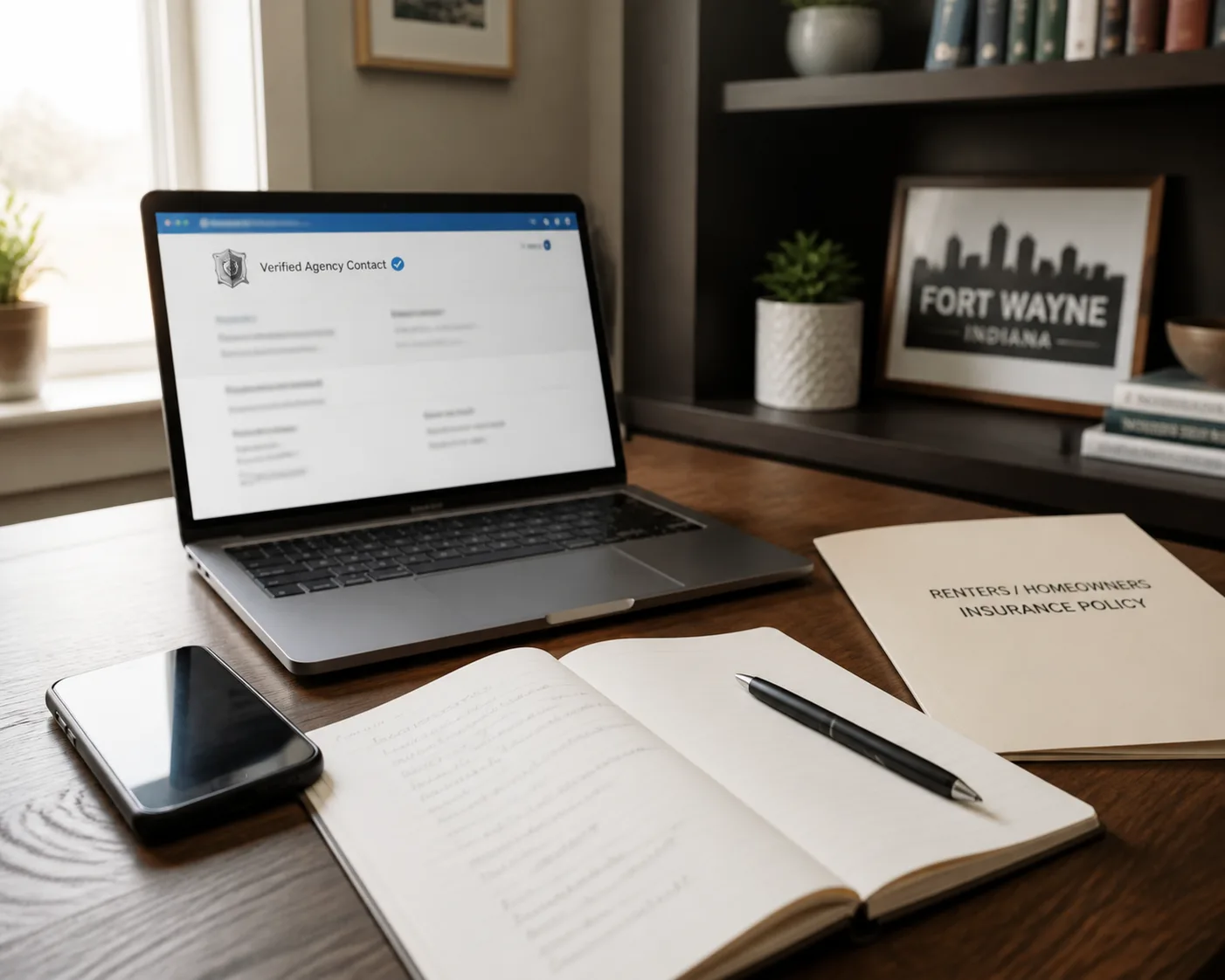 Phone and notebook beside an official insurer-status page and claim documents