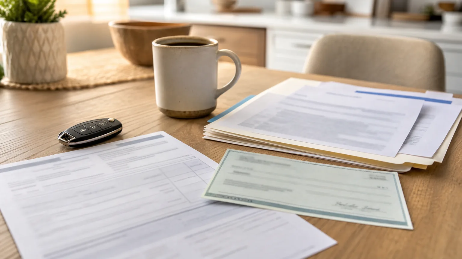 Auto loan payoff statement beside total loss settlement check and gap coverage note