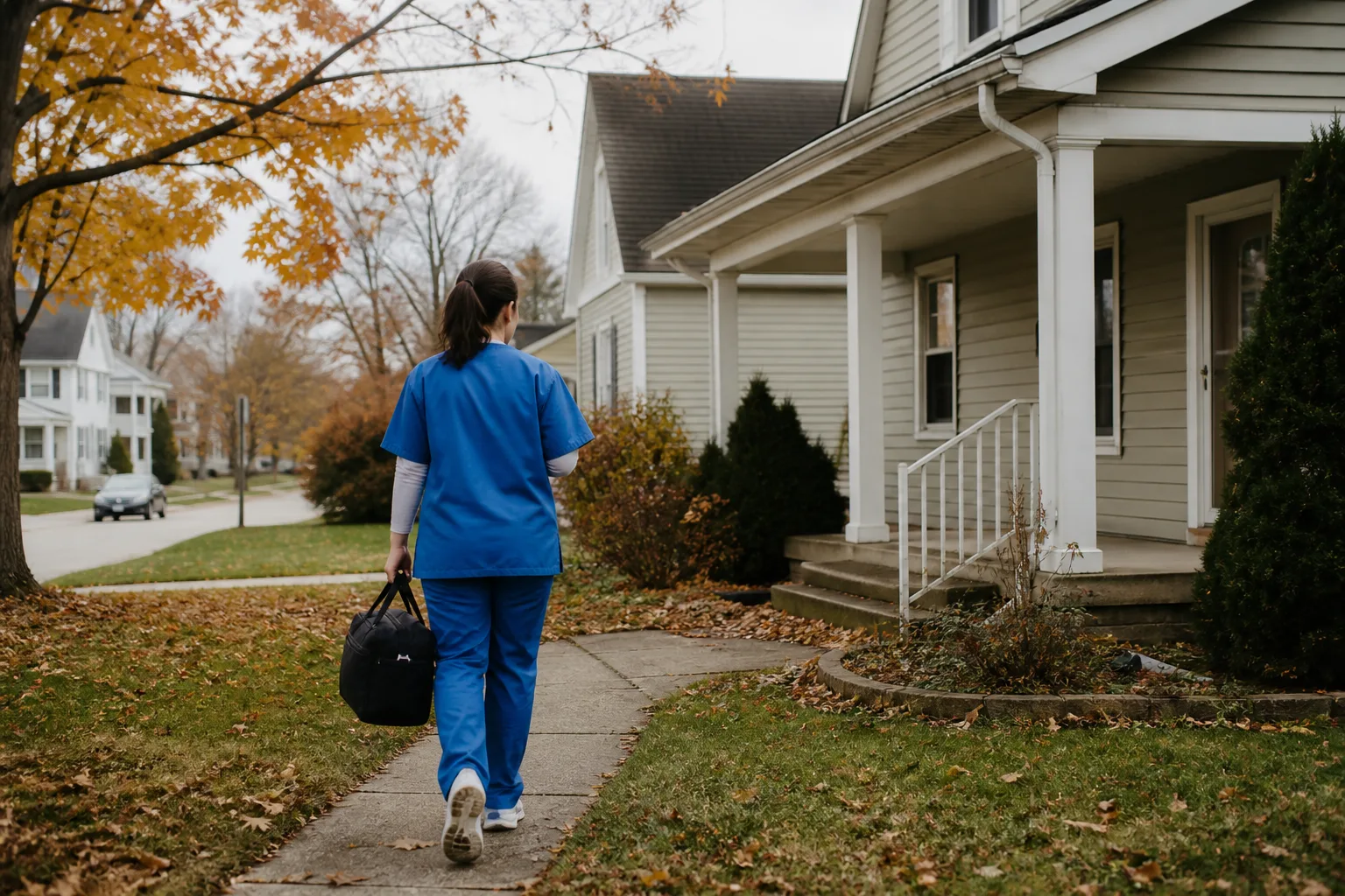 A home-health worker carrying a medical bag walking up to a client's house in an Allen County neighborhood