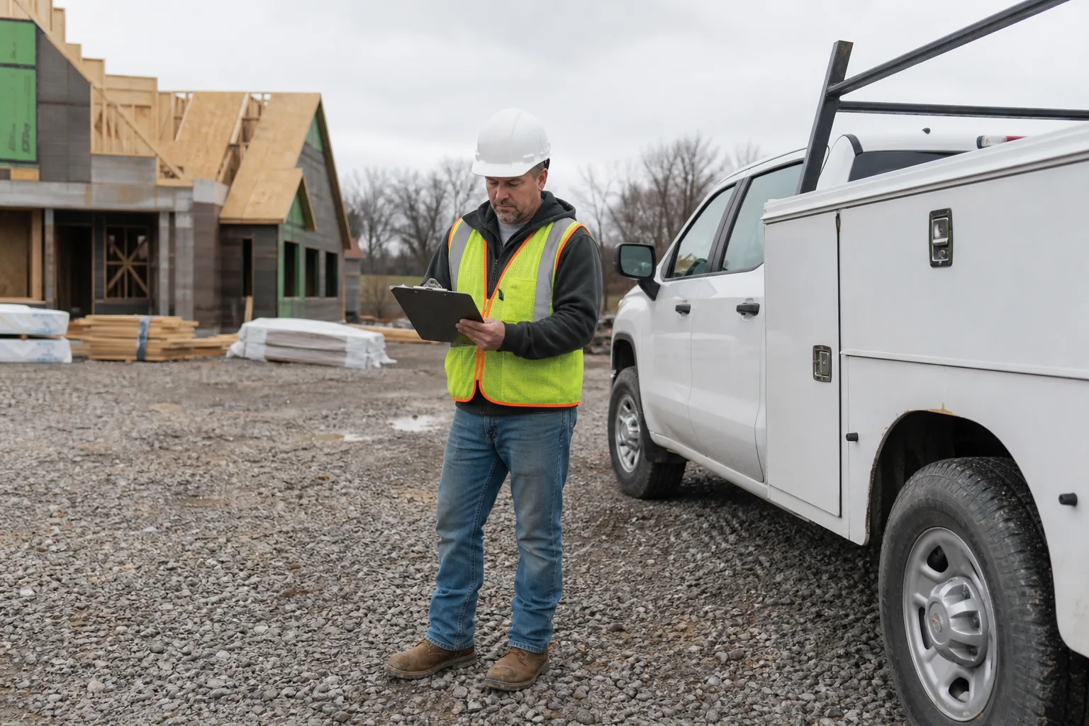 A construction worker checking a clipboard beside a work truck between job sites in northeast Indiana
