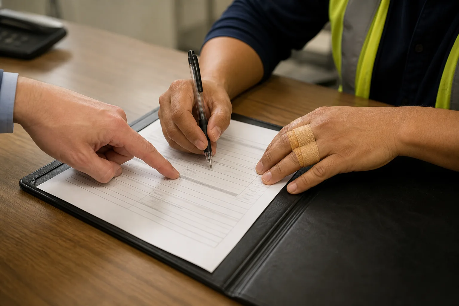 An injured worker completing a written workplace injury report with a supervisor pointing to the form