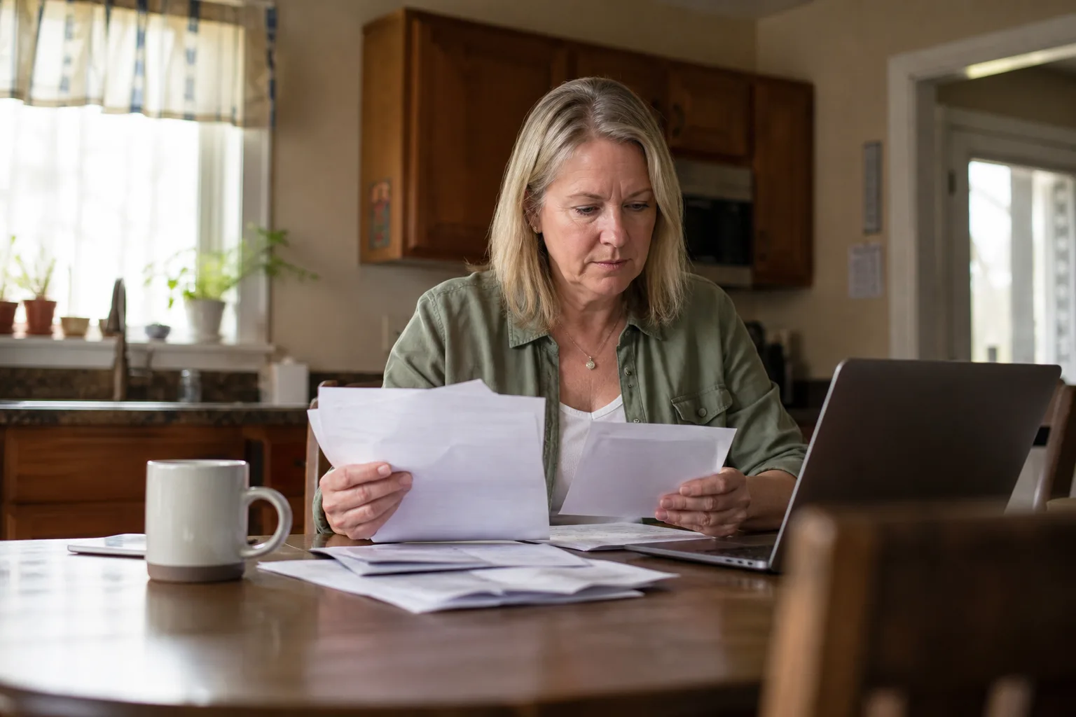 A person reviewing medical bills and injury paperwork at a kitchen table in a Fort Wayne home