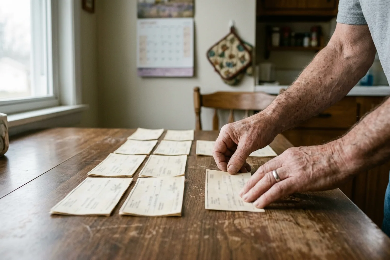 Worker comparing rows of Indiana workers' comp check stubs against a calendar to verify a claimed overpayment period