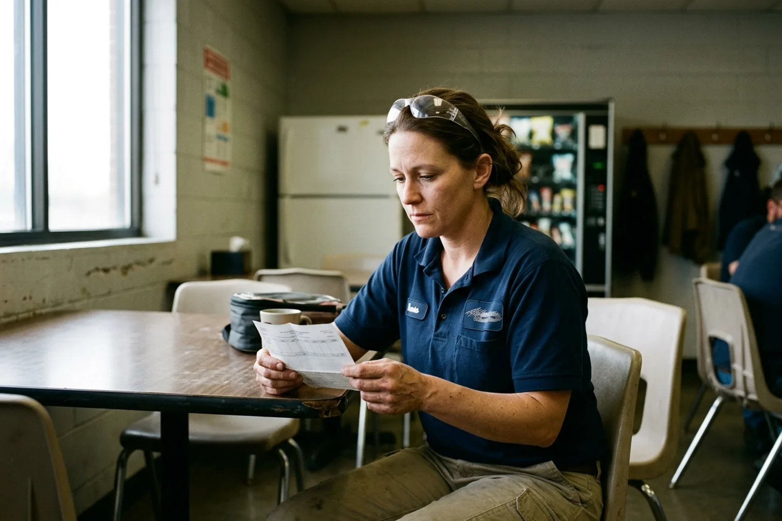 Indiana employee in a factory break room reading a paycheck stub after a payroll deduction notice for overpaid wages